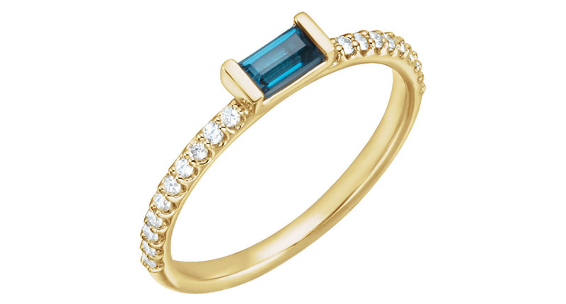 <a href="http://www.stuller.com" target="_blank" rel="noopener">Stuller</a> 14-karat yellow gold London Blue topaz and diamond stackable ring ($942)  <a href="http://www.stuller.com" target="_blank" rel="noopener">Stuller</a> 14-karat yellow gold London Blue topaz and diamond stackable ring ($942)