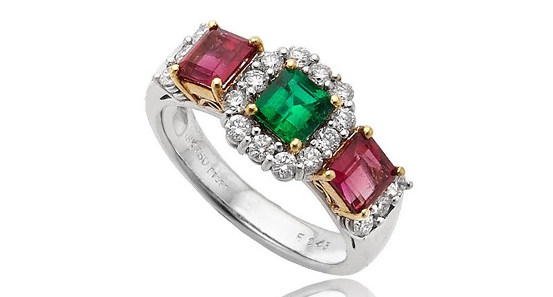 This ring is also from the company, featuring a 0.45-carat Colombian emerald accented with red beryl weighing 0.90 carats and 0.53 carats set in platinum and 18-karat yellow gold.
