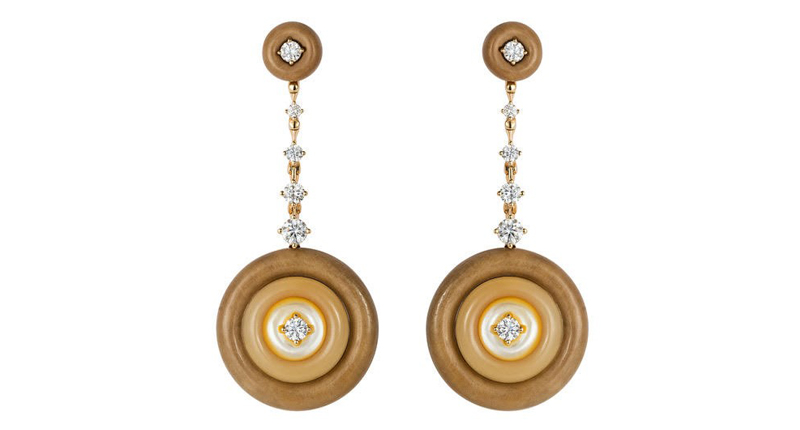 <a href="http://fernandojorge.co.uk" target="_blank" rel="noopener">Fernando Jorge</a> “Signal” earrings in 18-karat yellow gold with diamonds, petrified wood, tagua seed and mother-of-pearl ($13,570)