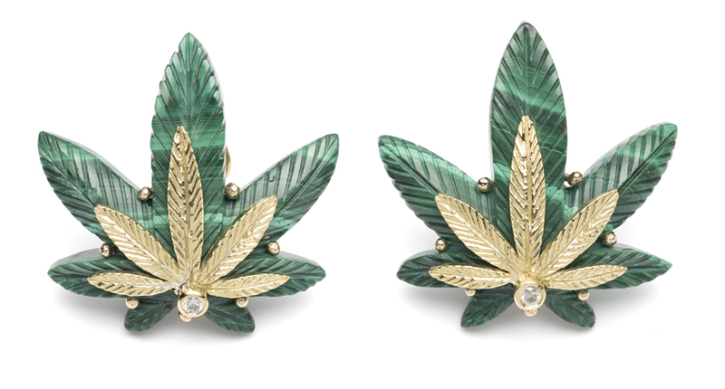 Brent Neale Medium Cannabis earrings in 18-karat yellow gold with malachite and diamonds ($3,450). The brand will exhibit at Couture with For Future Reference, booth 601. Brent Neale Medium Cannabis earrings in 18-karat yellow gold with malachite and diamonds ($3,450). The brand will exhibit at Couture with For Future Reference, booth 601.