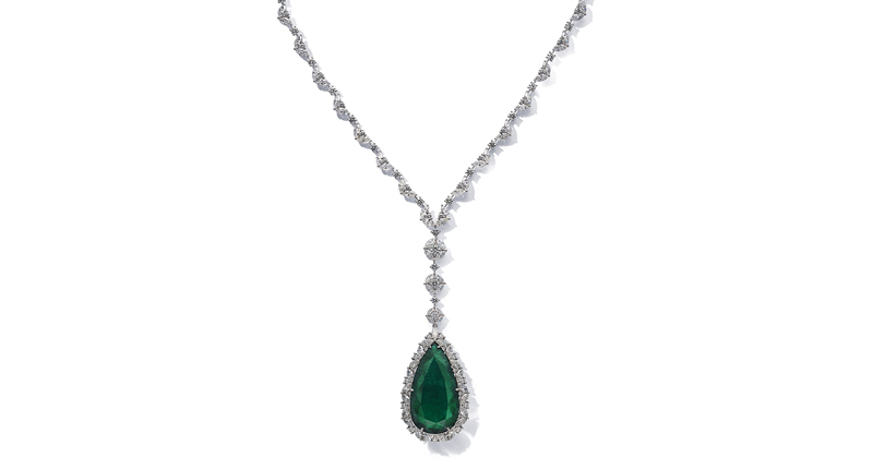 Chopard white gold necklace, featuring a 47.85-carat pear shaped emerald, 113 marquise cut diamonds, and 104 fancy cut diamonds. ($647,000)