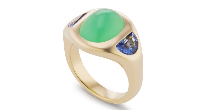 <p>“Gypsy Ring” in 18-karat yellow gold with chrysoprase and sapphires ($7,500)</p>