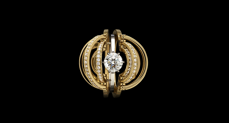 The “Tu Duality” engagement ring, made of an 18-karat yellow gold outer ring and a platinum solitaire ring set with a 1.09-carat diamond