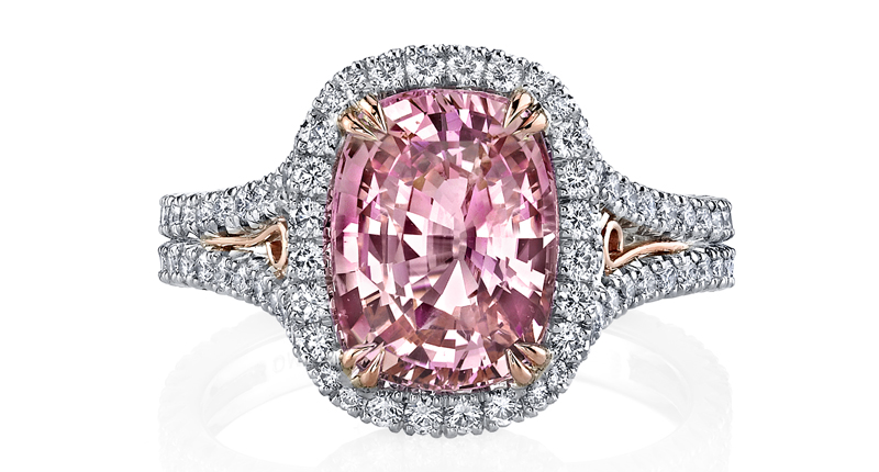 Omi Privé’s ring features a 4.17 carat oval padparadscha and 0.75 carats of brilliant round diamonds, set in platinum with 18-karat rose gold details.  Omi Privé’s ring features a 4.17 carat oval padparadscha and 0.75 carats of brilliant round diamonds, set in platinum with 18-karat rose gold details.