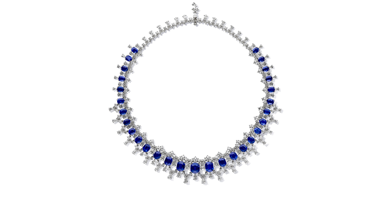 Chopard white gold necklace, featuring 29 vivid blue, cushion shaped sapphires, 206 pear shaped diamonds, and 262 fancy cut diamonds. ($1.09 million)