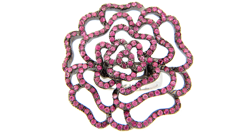 The ring is sterling silver with pink sapphire and retails for $780. The ring is sterling silver with pink sapphire and retails for $780.