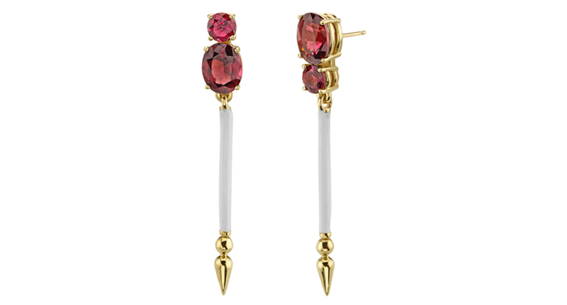 <a href="http://www.sarahhendler.com/" target="_blank" rel="noopener noreferrer">Sarah Hendler</a> Ballet Slipper spear earrings in 18-karat yellow gold with rhodolite and white enamel ($3,885) <a href="http://www.sarahhendler.com/" target="_blank" rel="noopener noreferrer">Sarah Hendler</a> Ballet Slipper spear earrings in 18-karat yellow gold with rhodolite and white enamel ($3,885)