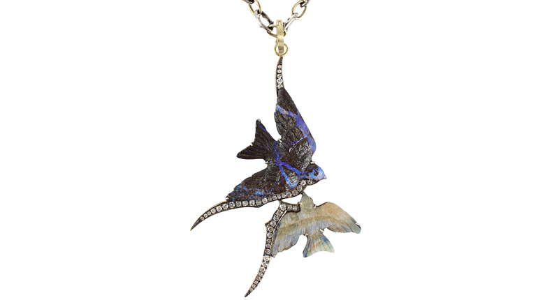 Sylva & Cie 18-karat yellow gold and oxidized sterling silver "Thorn" necklace and hand-carved boulder opal "Birds" pendant in 18-karat yellow gold with an old European-cut diamond ($31,750) <br /><a href="http://sylvacie.com/" target="_blank" rel="noopener noreferrer">www.sylvacie.com</a>