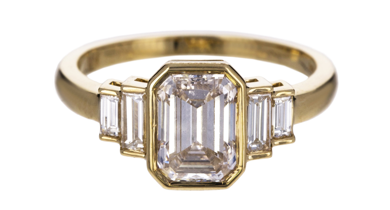 Single Stone’s “Caroline” solitaire ring with emerald-cut Diamond Foundry lab-grown 1.52-carat diamond surrounded by mined baguette diamonds and set in 18-karat yellow gold ($12,900)