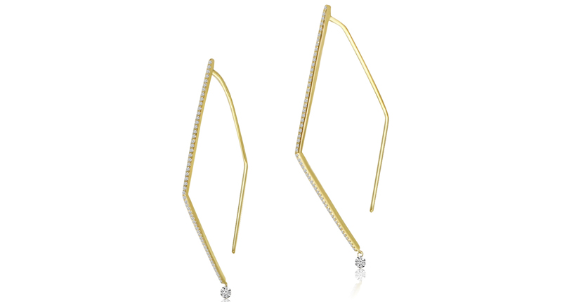 The larger Brevani earrings, the “Dashing Diamond” geometric earrings, retail for $1,879, while the huggies (not pictured) are $1,499. The larger Brevani earrings, the “Dashing Diamond” geometric earrings, retail for $1,879, while the huggies (not pictured) are $1,499.