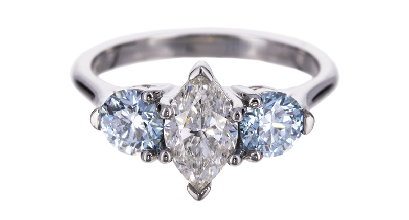 Anna Sheffield’s “Bea” ring with 0.91-carat marquise-cut Diamond Foundry lab-grown diamonds and brilliant-cut blue Diamond Foundry diamond accents (0.82-carats total carat weight) set in platinum ($12,550)