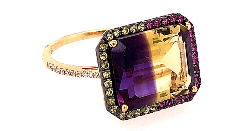 <p><a href="https://www.dilamani.com" target="_blank" rel="noopener">Dilamani</a> ametrine bi-color ring with diamonds and a pink and yellow sapphire halo set in 14-karat yellow gold ($1,800) </p>
