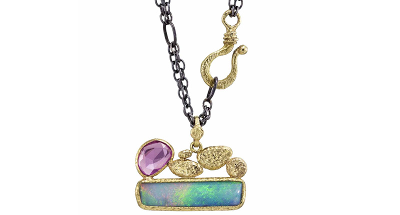 Rona Fisher geometric opal and free-form rose-cut pink sapphire pendant made in 18-karat yellow gold with an oxidized silver chain ($1,550) <br /><a href="http://ronafisher.com/geometric-opal-pink-sapphire-gold-pendant.html" target="_blank" rel="noopener noreferrer">www.ronafisher.com</a>