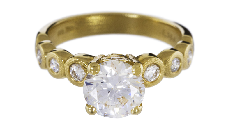 Alex Sepkus’ “Diamond Candy” ring with 1.55-carat round Diamond Foundry lab-grown diamond center stone and 0.33-carats total carat weight of white diamond accents all set in 18-karat yellow gold ($15,345)