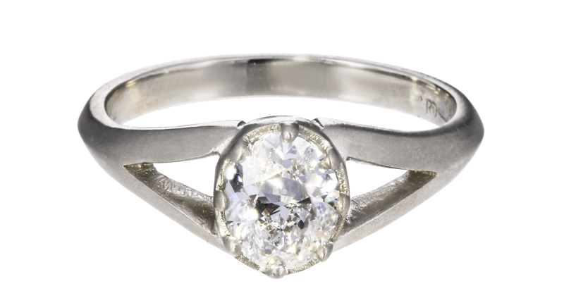 Rebecca Overmann’s “Diamond Split Shank” ring with 1.0-carat oval Diamond Foundry lab-grown diamond set in platinum ($8,816)
