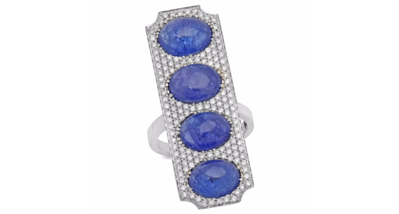 <strong>December: Tanzanite.</strong> Rock & Gems Jewelry’s 18-karat white gold ring with tanzanite cabochons and diamonds $8,400)