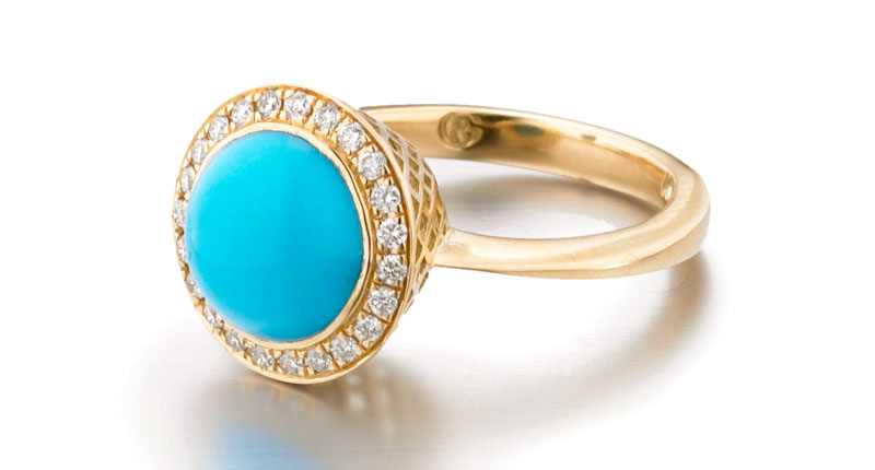 <strong>December: Turquoise.</strong> Ray Griffith’s 18-karat yellow gold crownwork set ring with cabochon Sleeping Beauty turquoise and diamond pave accents ($3,995).