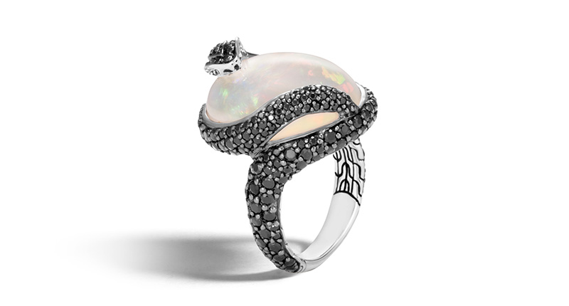 John Hardy Legends cobra ring in sterling silver with white opal, black spinel and black sapphire ($3,900) <br /><a href="http://www.johnhardy.com/legends-cobra-ring-in-silver-with-20x15mm-gemstone/227807.html?cgid=" target="_blank" rel="noopener noreferrer">www.johnhardy.com</a>