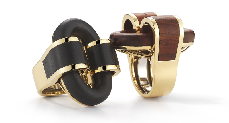 These "Woodworks" rings retail for $6,800 and are made of 18-karat yellow gold and ebony or bloodwood. These "Woodworks" rings retail for $6,800 and are made of 18-karat yellow gold and ebony or bloodwood.