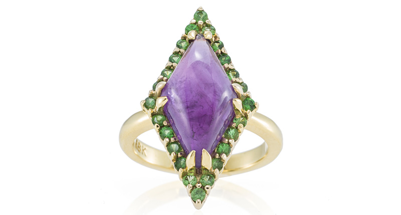 <strong>February: Amethyst.</strong> Salt + Stone’s 18-karat yellow gold “Emerald City” cocktail ring features a custom-cut amethyst cabochon accented with tsavorite garnets ($2,895).
