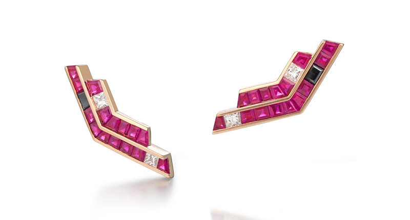<strong>July: Ruby.</strong> Tomasz Donocik’s “Stellar” 18-karat rose gold cuff earrings set with hematite, Mozambique rubies and white diamond baguettes ($4,980)