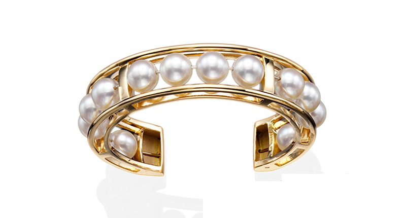 <strong>June: Cultured Pearl.</strong> This cuff from Assael’s “Abacus” collection features 8.5 mm to 9 mm Akoya cultured Pearls set in 18-karat yellow gold ($13,750).
