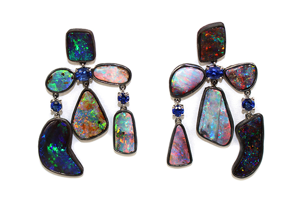 Katey Brunini’s “Skipping Stones” chandelier earrings are made in oxidized sterling silver with 12 bezel-set opals and 2 .63 total carats of blue sapphires set in 18k yellow, white, or rose gold baskets ($46,125). <a href="http://www.kbrunini.com/" target="_blank"><span style="color: rgb(255, 0, 0);">kbrunini.com</span></a> Katey Brunini’s “Skipping Stones” chandelier earrings are made in oxidized sterling silver with 12 bezel-set opals and 2 .63 total carats of blue sapphires set in 18k yellow, white, or rose gold baskets ($46,125). <a href="http://www.kbrunini.com/" target="_blank"><span style="color: rgb(255, 0, 0);">kbrunini.com</span></a>