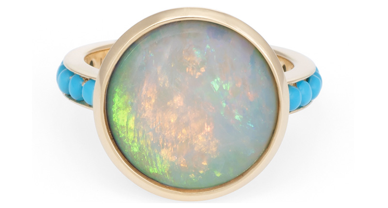 Larisa Laivins Australian opal ring with turquoise set in 18-karat gold ($3,890)<br /><a href="https://www.ylang23.com/product/larisa+laivins+jewelry+opal+ring+with+turquoise.do?sortby=newArrivals&refType=&from=fn&ecList=7&ecCategory=101959" target="_blank" rel="noopener noreferrer">www.ylang23.com</a>