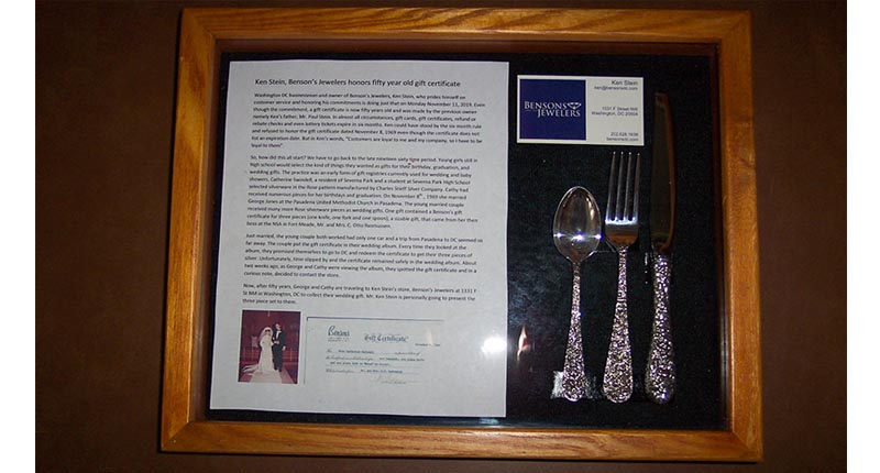 George and Cathy Jones had their new silverware from Bensons Jewelers put in a shadowbox frame along with a copy of the original gift certificate from 1969, Ken Stein’s business card, a picture from their wedding 50 years ago and a letter telling the story of the certificate’s late redemption. (Photo courtesy of Ken Stein/George Jones) George and Cathy Jones had their new silverware from Bensons Jewelers put in a shadowbox frame along with a copy of the original gift certificate from 1969, Ken Stein’s business card, a picture from their wedding 50 years ago and a letter telling the story of the certificate’s late redemption. (Photo courtesy of Ken Stein/George Jones)