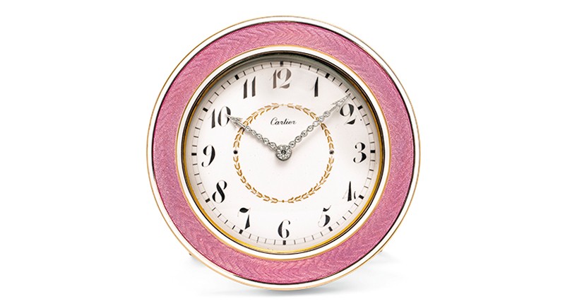 Cartier 1908 Belle Epoque clock made with lilac guilloché enamel, white enamel, rose-cut diamonds, silver and gold (estimated to go for between $37,000 and $57,000)