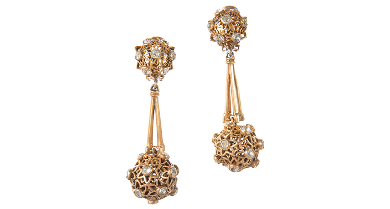 These gold and gem earrings were worn by Marilyn Monroe in “Gentleman Prefer Blondes.” She wore them with that well-known gold lame dress. These gold and gem earrings were worn by Marilyn Monroe in “Gentleman Prefer Blondes.” She wore them with that well-known gold lame dress.