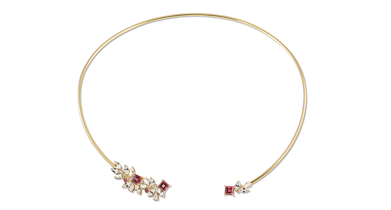 Ayva Jewelry’s “Riya” collar from the “Heritage” collection, with diamonds, pink tourmalines and white sapphires in 18-karat yellow gold ($8,200)<br /><a href="http://www.ayvajewelry.com" target="_blank">AyvaJewelry.com</a>