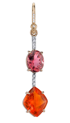 Irene Neuwirth's 18-karat rose and white gold single earring with rose tourmaline and orange fire opal ($3,980) available at Ylang23.com