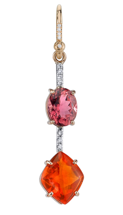 Irene Neuwirth's 18-karat rose and white gold single earring with rose tourmaline and orange fire opal ($3,980) available at Ylang23.com Irene Neuwirth's 18-karat rose and white gold single earring with rose tourmaline and orange fire opal ($3,980) available at Ylang23.com