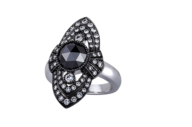 Sethi Couture’s rose-cut black diamond “Shield” ring is accented with white diamonds and set in 18-karat black rhodium white gold ($7,040).<br />
<a href="http://www.sethicouture.com/" target="_blank"><span style="color: rgb(255, 0, 0);">sethicouture.com</span></a>