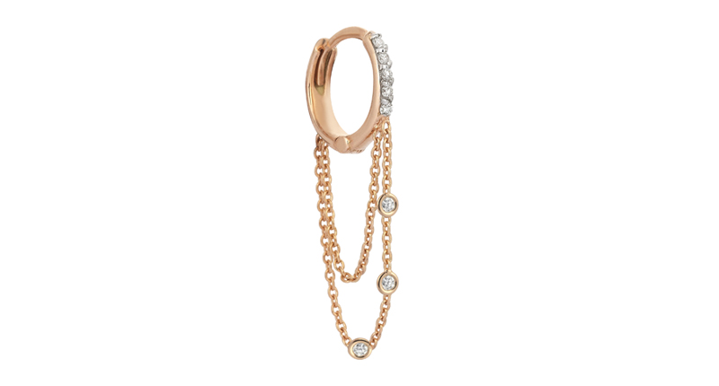 <strong>Huggies:</strong> <a href="http://store.kismetbymilka.com/" target="_blank">Kismet by Milka</a>’s 14-karat rose gold hoop earring with white diamonds ($800 per single)