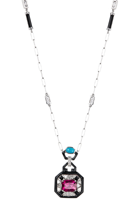 Nikos Koulis' 18-karat white gold pendant with diamonds, turquoise, rubellite and onyx available at NikosKoulis.gr (price upon request) Nikos Koulis' 18-karat white gold pendant with diamonds, turquoise, rubellite and onyx available at NikosKoulis.gr (price upon request)