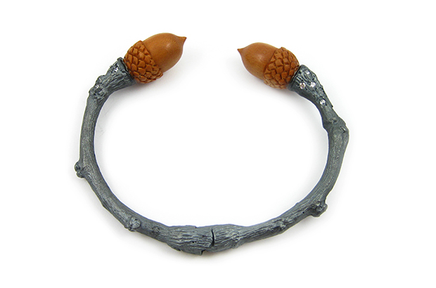 This black oxidized sterling silver “Twig” cuff features two carved Sawo wood acorns and diamond accents ($3,950).  This black oxidized sterling silver “Twig” cuff features two carved Sawo wood acorns and diamond accents ($3,950).