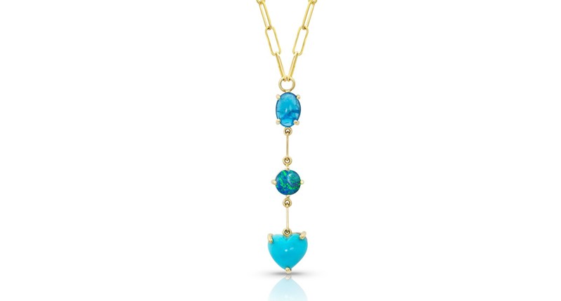 <p><a href="https://www.mspalten.com" target="_blank" rel="noopener">M. Spalten</a> three-stone “Gemdrop” lariat necklace with opal doublet, apatite and sleeping beauty turquoise on a 14-karat yellow gold paperclip chain ($1,450) </p>