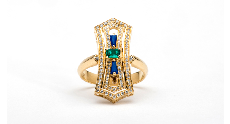The “Verdo” tag in 18-karat yellow gold with emerald, blue sapphires and white diamond pavé ($5,175) with the 18-karat yellow gold and white diamond pavé port ring ($1,775) The “Verdo” tag in 18-karat yellow gold with emerald, blue sapphires and white diamond pavé ($5,175) with the 18-karat yellow gold and white diamond pavé port ring ($1,775)