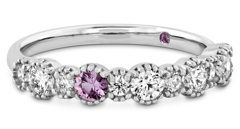 A stacking style with diamonds and pink sapphire in 18-karat white gold (starting at $2,250)