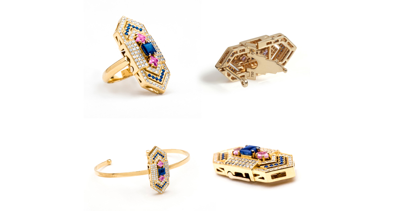 Here, the interchangeable Alice tag, in 18-karat yellow gold with blue and pink sapphires and white diamond pavé ($8,250), is shown (clockwise) as a ring, earring, brooch and bangle. Here, the interchangeable Alice tag, in 18-karat yellow gold with blue and pink sapphires and white diamond pavé ($8,250), is shown (clockwise) as a ring, earring, brooch and bangle.