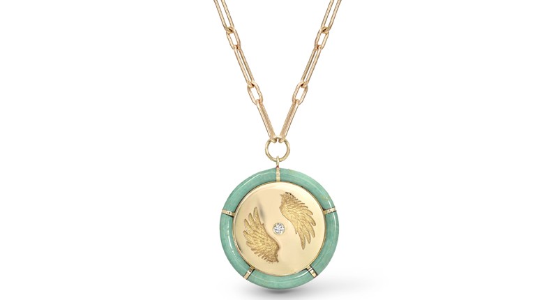 <p><a href="https://www.retrouvai.com/collections/alchemy/products/green-turquoise-bravery-pendant-on-18-handmade-chain" target="_blank" rel="noopener">Retrouvaí</a> “Alchemy” pendant in 14-karat yellow gold with green turquoise stone inlay ($8,375)</p>
<p> </p> <p><a href="https://www.retrouvai.com/collections/alchemy/products/green-turquoise-bravery-pendant-on-18-handmade-chain" target="_blank" rel="noopener">Retrouvaí</a> “Alchemy” pendant in 14-karat yellow gold with green turquoise stone inlay ($8,375)</p>
<p> </p>