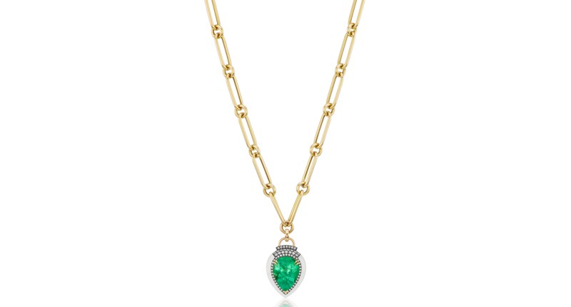 <p><a href="https://www.sorellinanewyork.com" target="_blank" rel="noopener">Sorellina</a> emerald and white onyx pendant on an 18-karat yellow gold paperclip chain ($24,000)</p>
<p> </p>