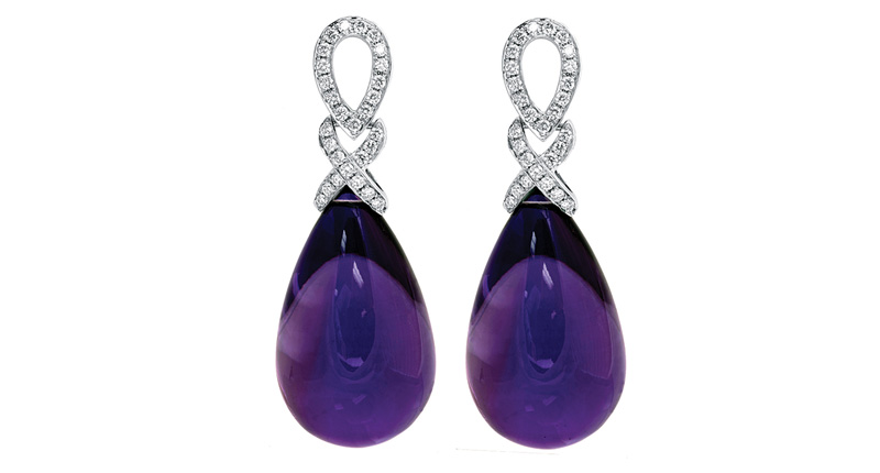 Jyes Corp. amethyst teardrop cabochon earrings with diamonds ($6,800)<br /><a href="http://www.jyescorp.com" target="_blank" rel="noopener noreferrer">JyesCorp.com</a>