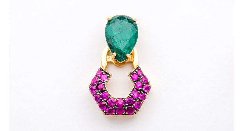 An emerald and 18-karat yellow gold stud ($1,450) paired with an 18-karat yellow gold and ruby ear jacket ($1,000) from the R.Y.M. Essentials collection An emerald and 18-karat yellow gold stud ($1,450) paired with an 18-karat yellow gold and ruby ear jacket ($1,000) from the R.Y.M. Essentials collection