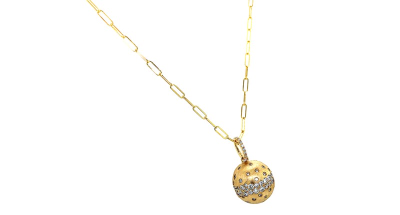 <p><a href="https://www.dilamani.com" target="_blank" rel="noopener">Dilamani</a> diamond ball pendant on a 14-karat yellow gold paperclip chain ($8,100) </p> <p><a href="https://www.dilamani.com" target="_blank" rel="noopener">Dilamani</a> diamond ball pendant on a 14-karat yellow gold paperclip chain ($8,100) </p>