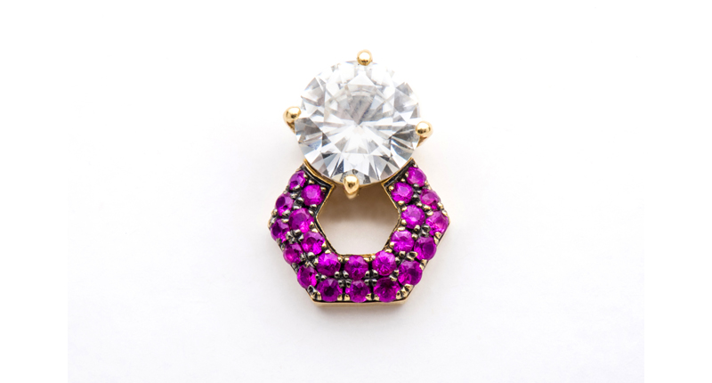 A white diamond, 18-karat yellow gold stud ($44,800) with a ruby and 18-karat yellow gold ear jacket ($1,000) A white diamond, 18-karat yellow gold stud ($44,800) with a ruby and 18-karat yellow gold ear jacket ($1,000)