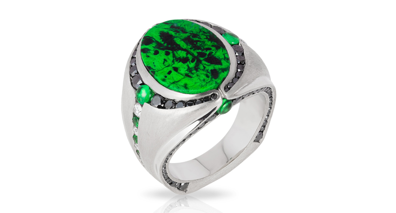 <strong>Men’s Wear</strong><br />Mark Schneider of Mark Schneider Design won First Place and Platinum honors for this platinum and 18-karat yellow gold ring featuring an 8.76-carat Maw Sit Sit accented with black, white and yellow diamonds and tsavorite garnets.
