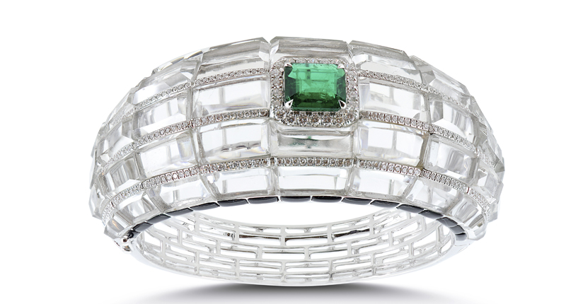 Nigaam bangle in 18-karat white gold with Brazilian rock crystal, emerald and diamonds, $35,000<br />Available through <a href="mailto:sales@nigaam.com">sales@nigaam.com</a>